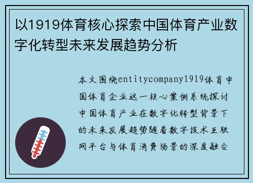 以1919体育核心探索中国体育产业数字化转型未来发展趋势分析